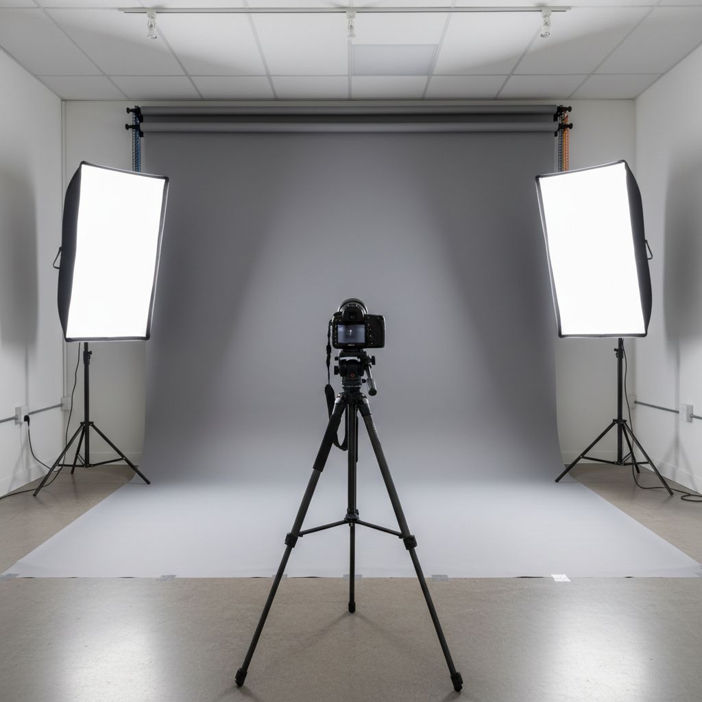 Un studio photo professionnel avec des éclairages (softbox), un fond gris neutre et un appareil photo sur un trépied, prêt pour une séance de portrait.