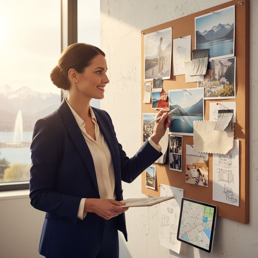 Une femme souriante regardant une série de photos inspirationnelles sur un mur, planifiant l'ambiance de son futur shooting photo personnel à Genève.