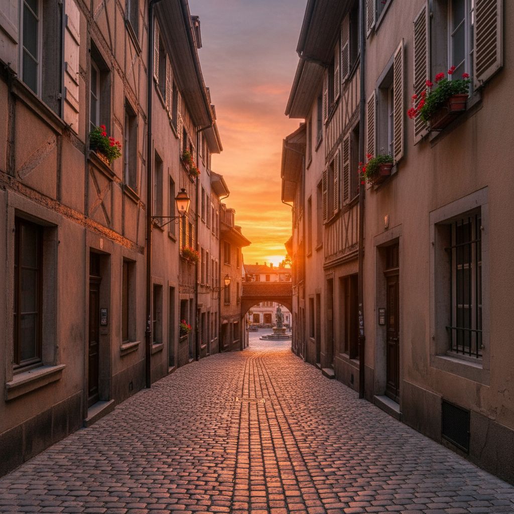 Une vue pittoresque d'une ruelle de la Vieille-Ville de Genève au coucher du soleil, avec ses pavés et ses bâtiments historiques baignés d'une lumière dorée.