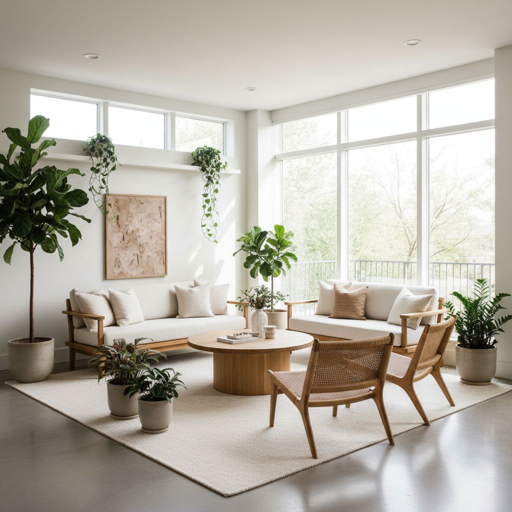 Un salon moderne et lumineux avec des éléments en bois et des touches végétales, rappelant une esthétique naturelle inspirée de la créativité de Minecraft.