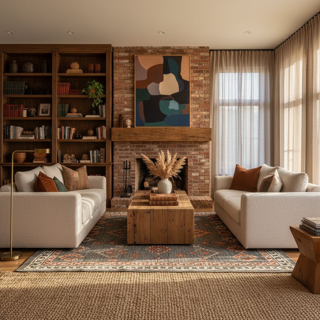 Une pièce à vivre sophistiquée où une cheminée en brique côtoie des meubles en bois brut et des tapis texturés, créant un contraste visuel riche.