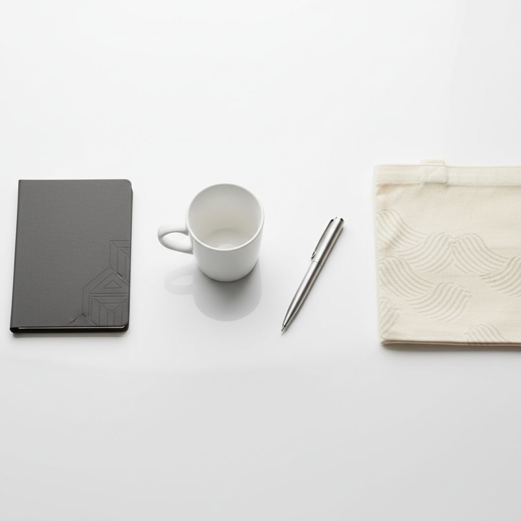 Une collection d'objets promotionnels d'entreprise joliment disposés sur une table blanche, incluant un carnet, un mug, un stylo et un sac en toile.