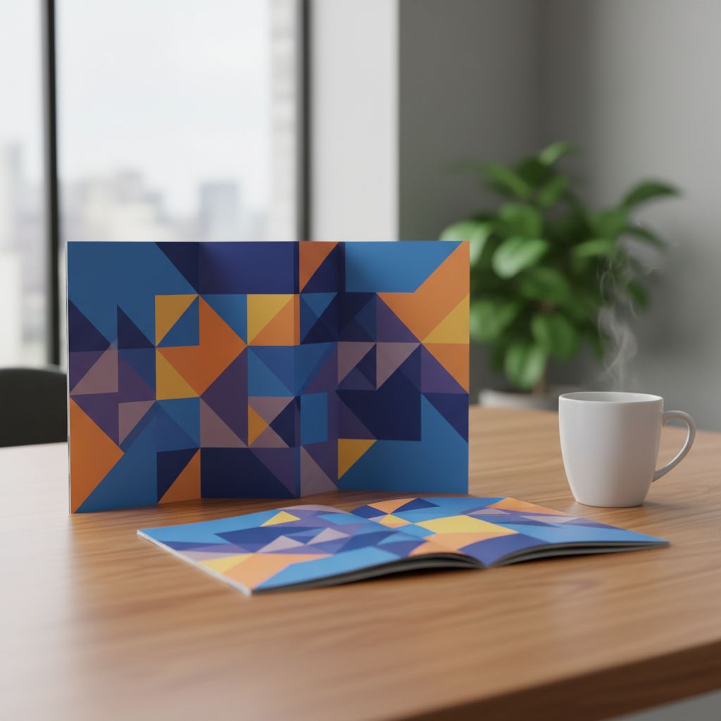 Une brochure d'entreprise au design créatif et coloré, posée sur un bureau en bois à côté d'une tasse de café.