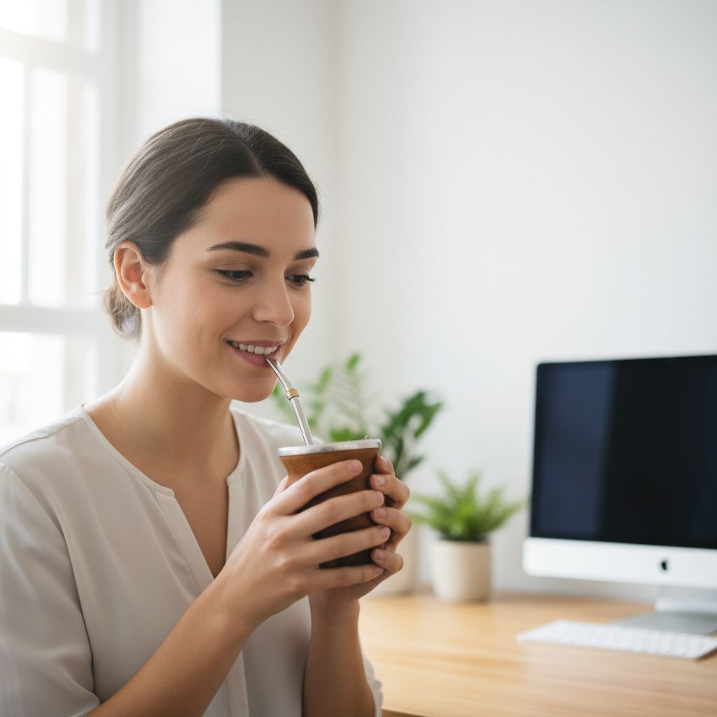 Une femme souriante et concentrée savoure une tasse de maté dans un environnement de travail lumineux et moderne, l'air détendu mais alerte.
