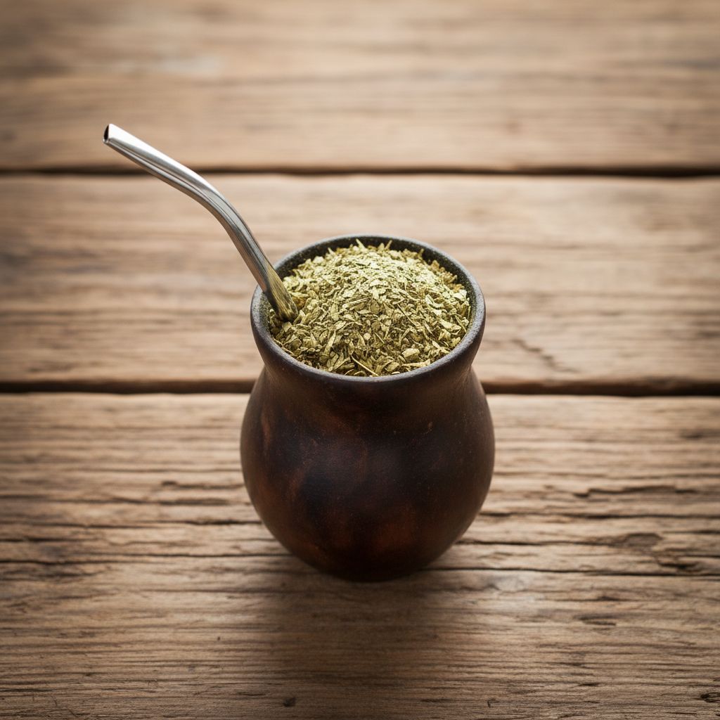 Une composition artistique vue de dessus, avec des feuilles de maté séchées, une calebasse traditionnelle en bois et sa bombilla en métal, sur un fond rustique.