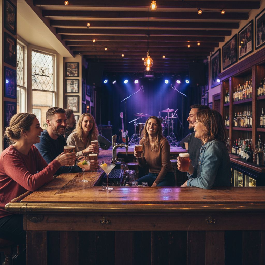 Intérieur chaleureux et animé du Bonanza Pub avec des gens discutant au bar et une scène faiblement éclairée en arrière-plan, ambiance rock et conviviale.