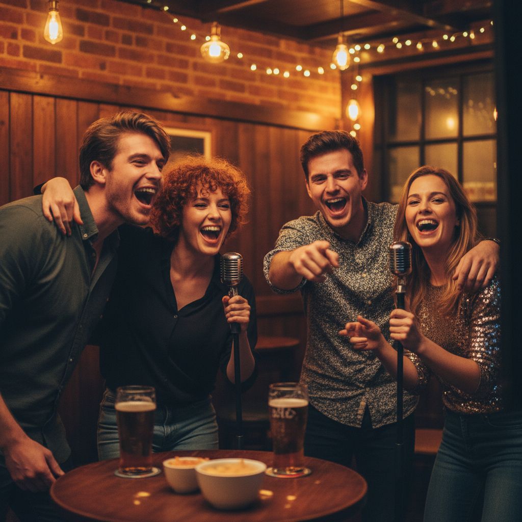 Un groupe d'amis riant et chantant avec enthousiasme dans un micro lors d'une soirée karaoké animée dans un pub.