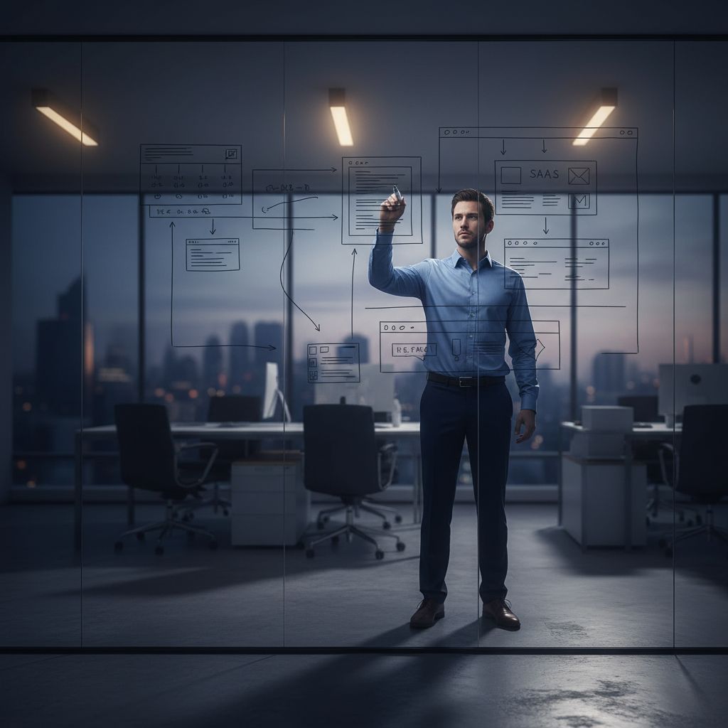Entrepreneur sketching a SaaS product idea on a glass wall in a dimly lit, focused environment.
