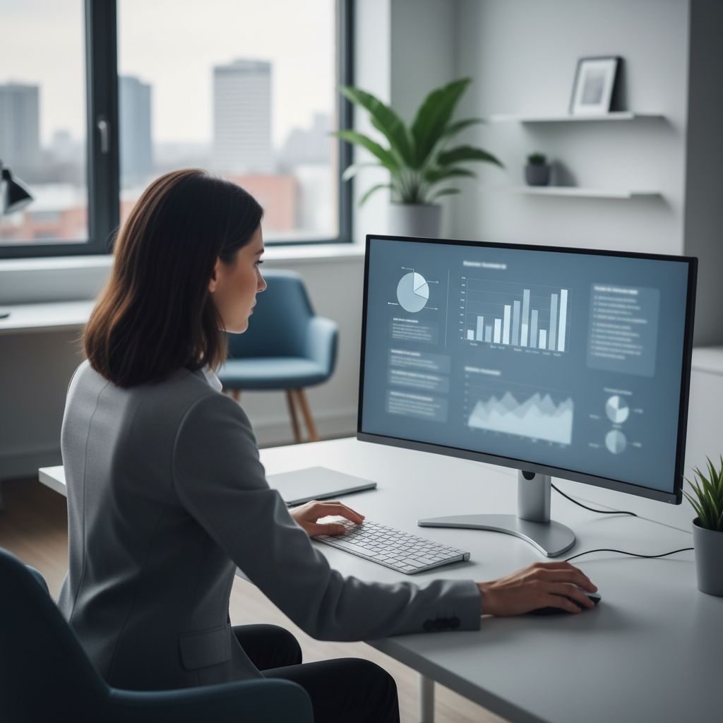 A product manager analyzing user feedback data on a computer screen in a modern office, showing charts and comments.