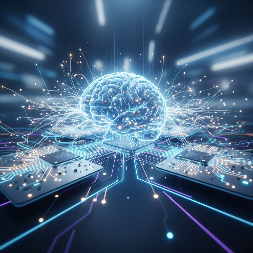 A cool abstract image showing a human brain hooked up to glowing circuits, symbolizing that sweet spot where human strategy meets AI.