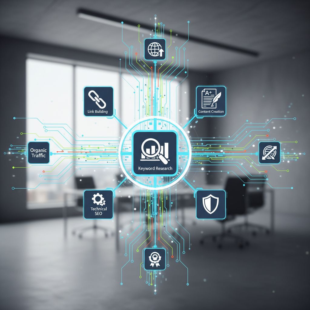 An AI image showing different digital icons for SEO tasks like keywords, content, and links, all connected by flowing data lines.