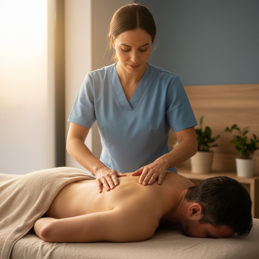 Une personne reçoit un traitement ostéopathique doux sur le dos, dans une atmosphère calme et professionnelle. L'image met l'accent sur le soin et la confiance.