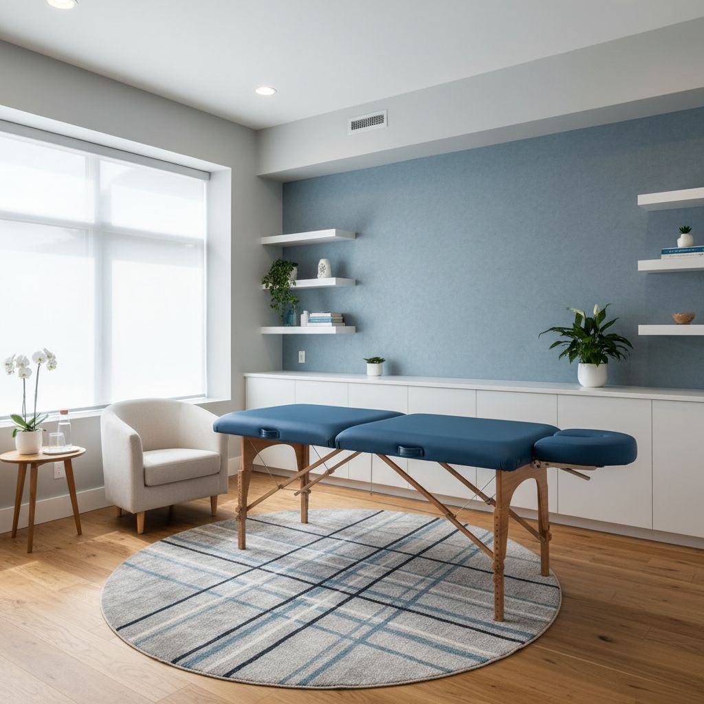 Une salle de consultation d'ostéopathie moderne et accueillante, avec une table de massage au centre, baignée d'une lumière naturelle douce.