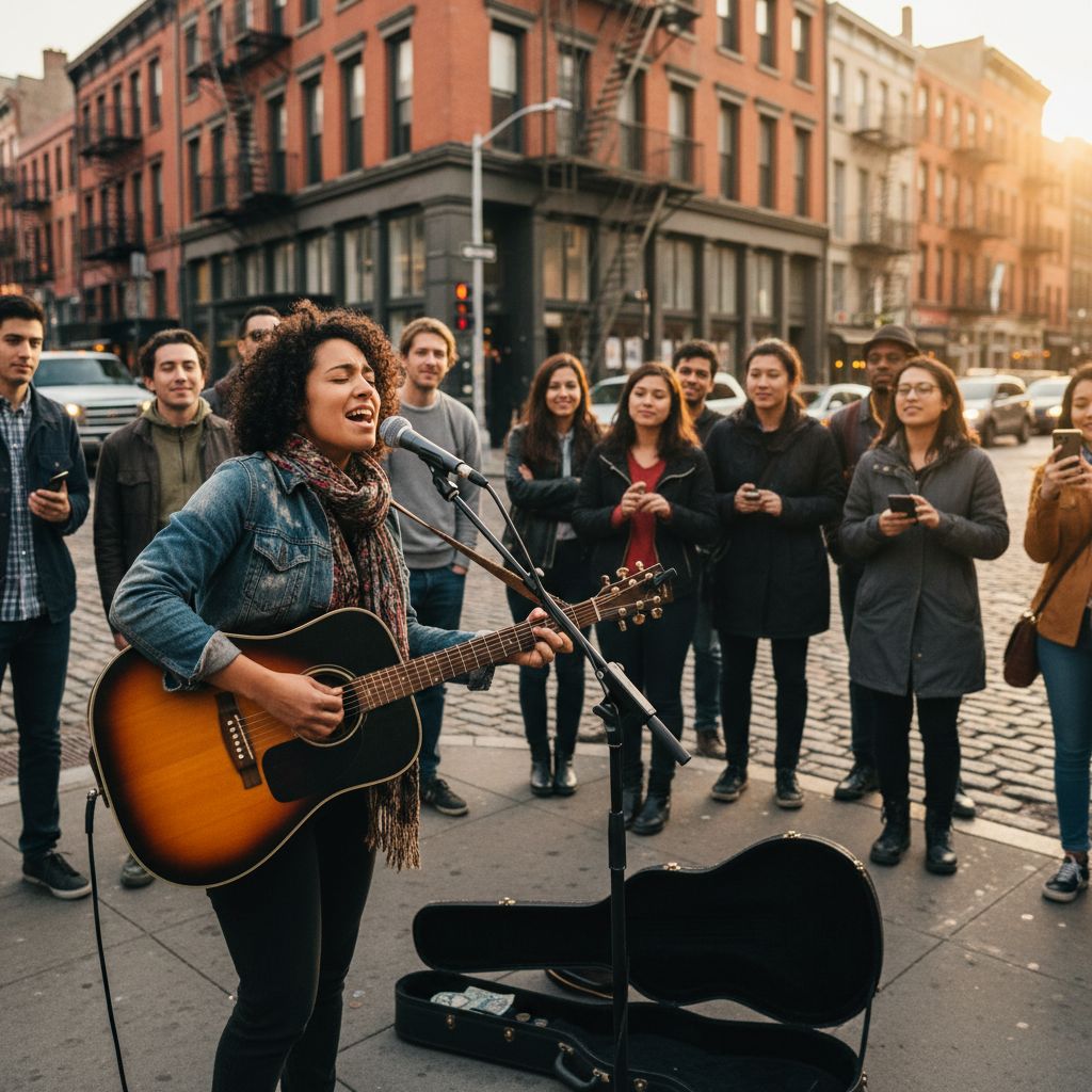 A street musician with a guitar passionately singing into a microphone on a vibrant city street corner, with an appreciative but small crowd in the background.