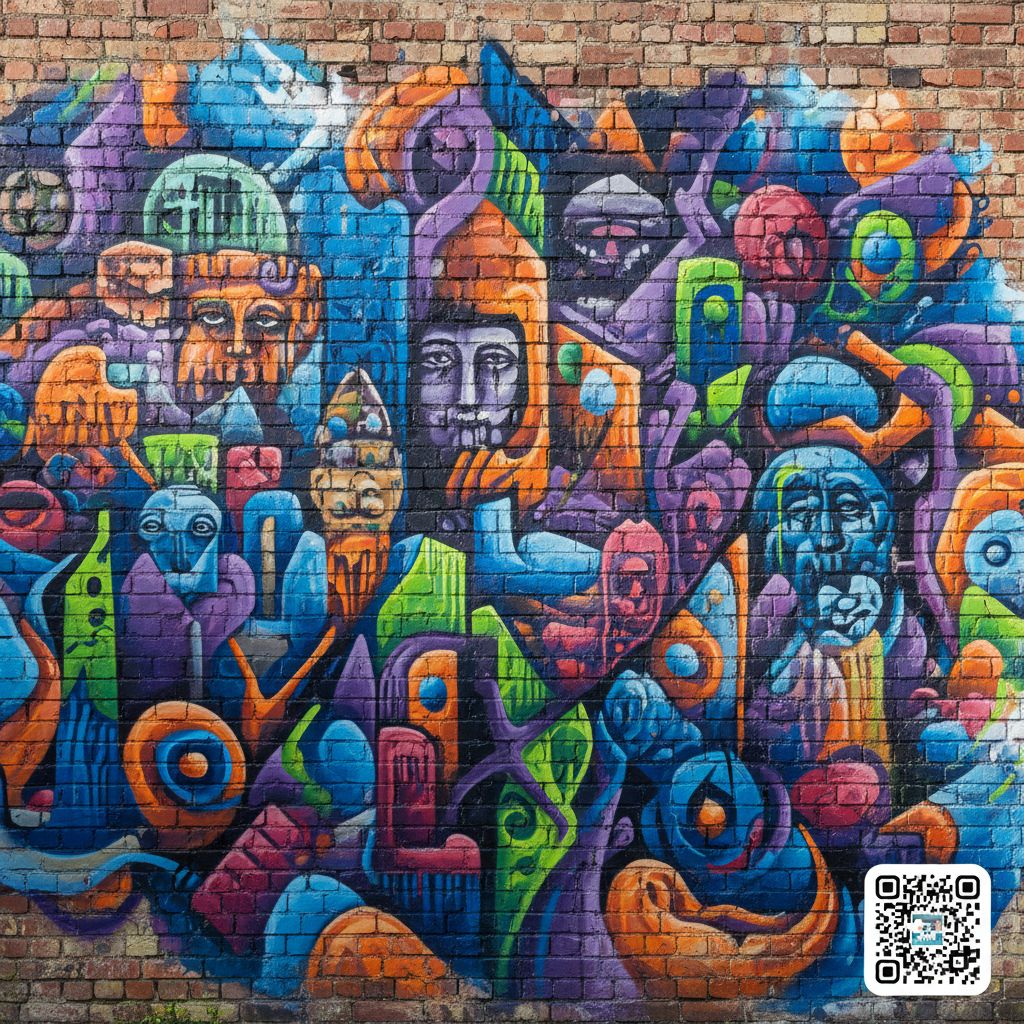 A colorful, complex street art mural on a brick wall. A small QR code is cleverly painted into the bottom-right corner, looking like it's part of the art.