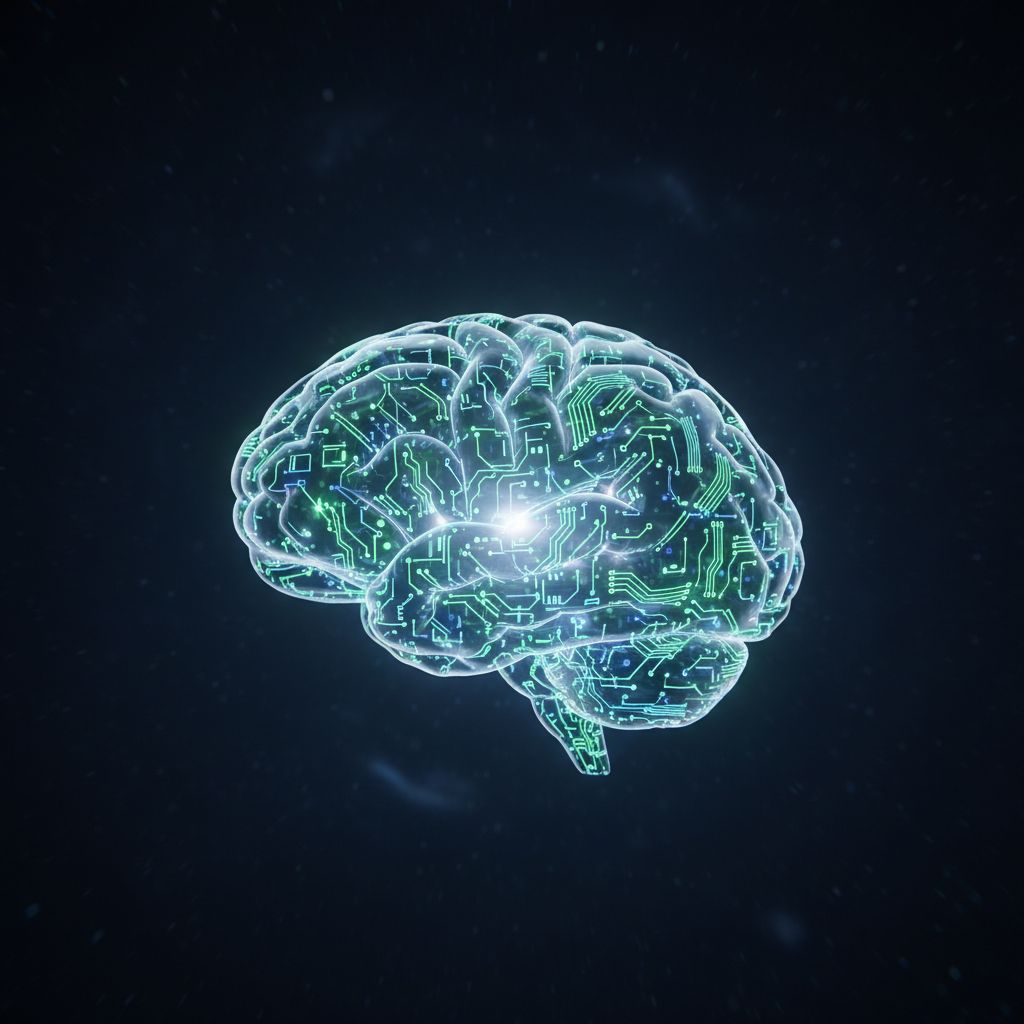 A cool piece of conceptual art showing a digital brain made of circuits processing data, which hints at how AI learns.