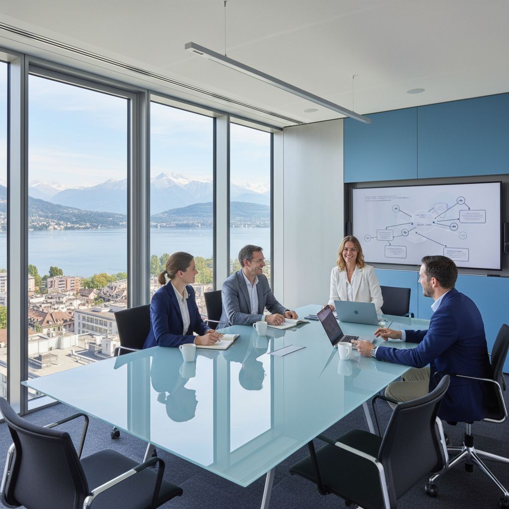 Une équipe dynamique d'experts en communication collaborant dans un bureau moderne à Lausanne, Suisse, avec une vue sur le lac Léman.