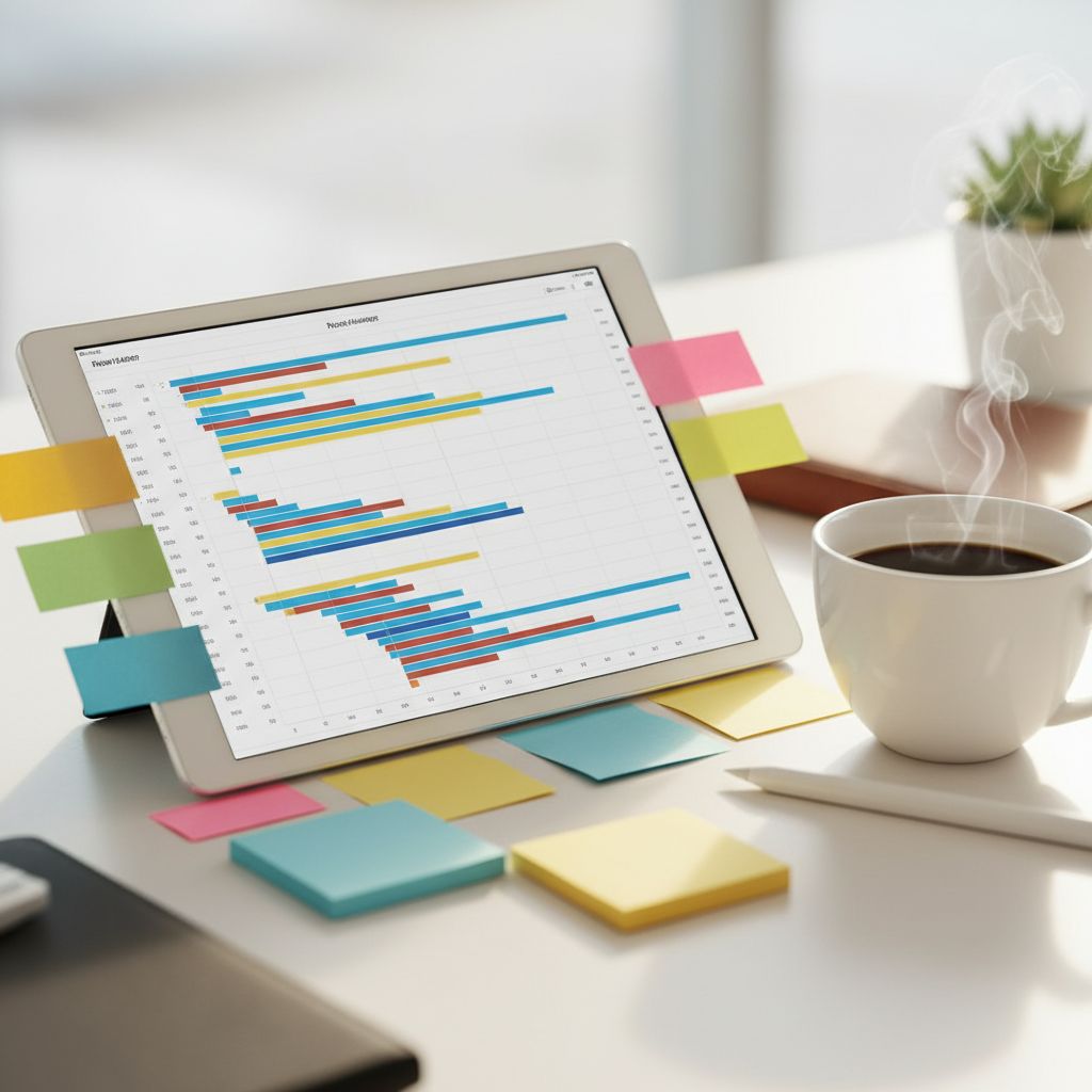 Une photo en gros plan du bureau d'un chef de projet avec un diagramme de Gantt sur une tablette, des notes autocollantes et un café, symbolisant une gestion de projet complète.