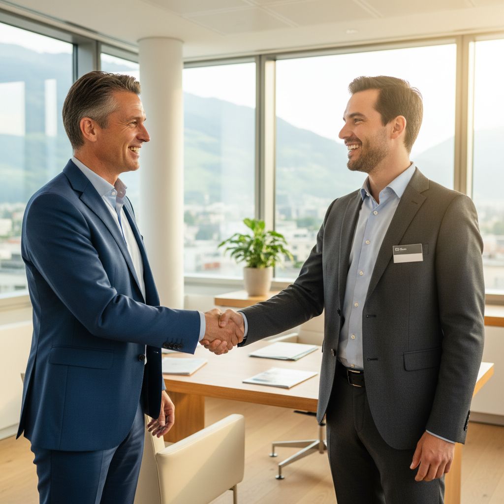Un chef d'entreprise suisse souriant serre la main de son conseiller FidLive dans un bureau lumineux et accueillant, scellant un partenariat de confiance.