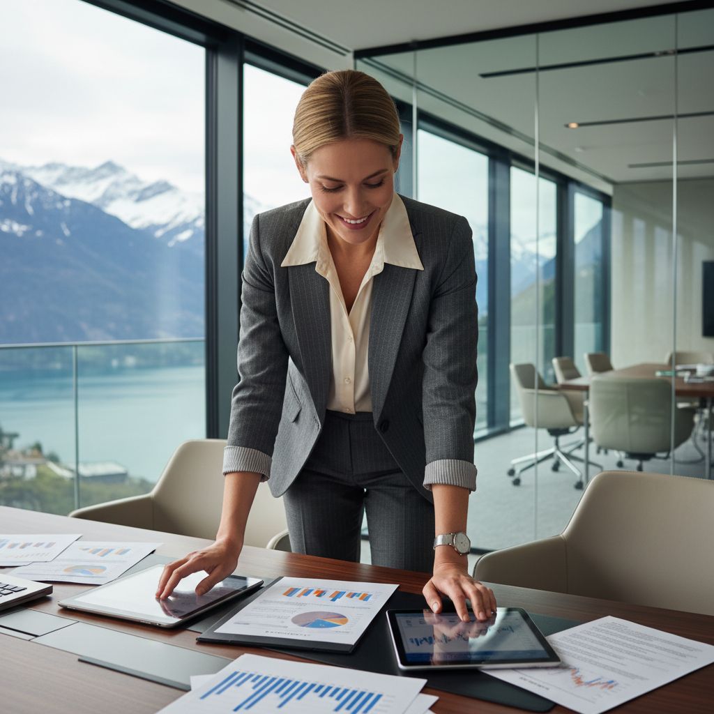 Un conseiller dans un bureau moderne en Suisse, penché sur des documents financiers, l'image même de la confiance et de la sécurité que nous offrons.