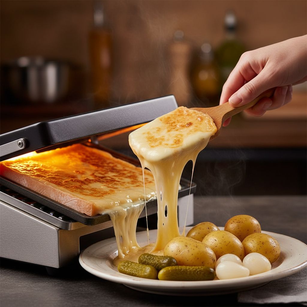 Un gros plan sur du fromage à raclette onctueux qui fond sous un grill traditionnel. Le fromage doré est sur le point d'être raclé sur une assiette de pommes de terre, de cornichons et d'oignons perlés.
