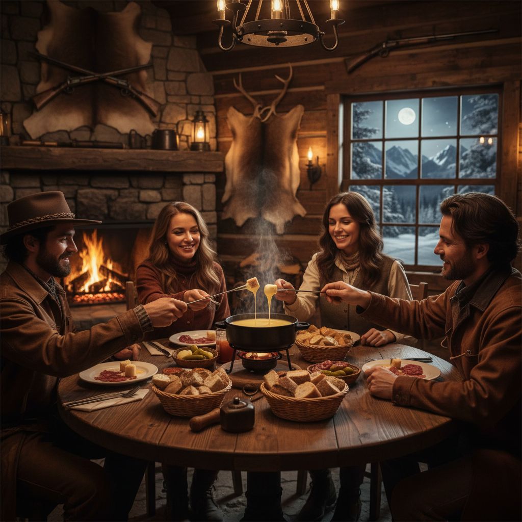 Une scène chaleureuse à l'intérieur d'une cantine d'hiver de style Far West, avec des tables en bois rustiques. Au centre, un caquelon de fondue au fromage bouillonnant est entouré d'amis qui trempent leur pain, dans une atmosphère joyeuse et conviviale.