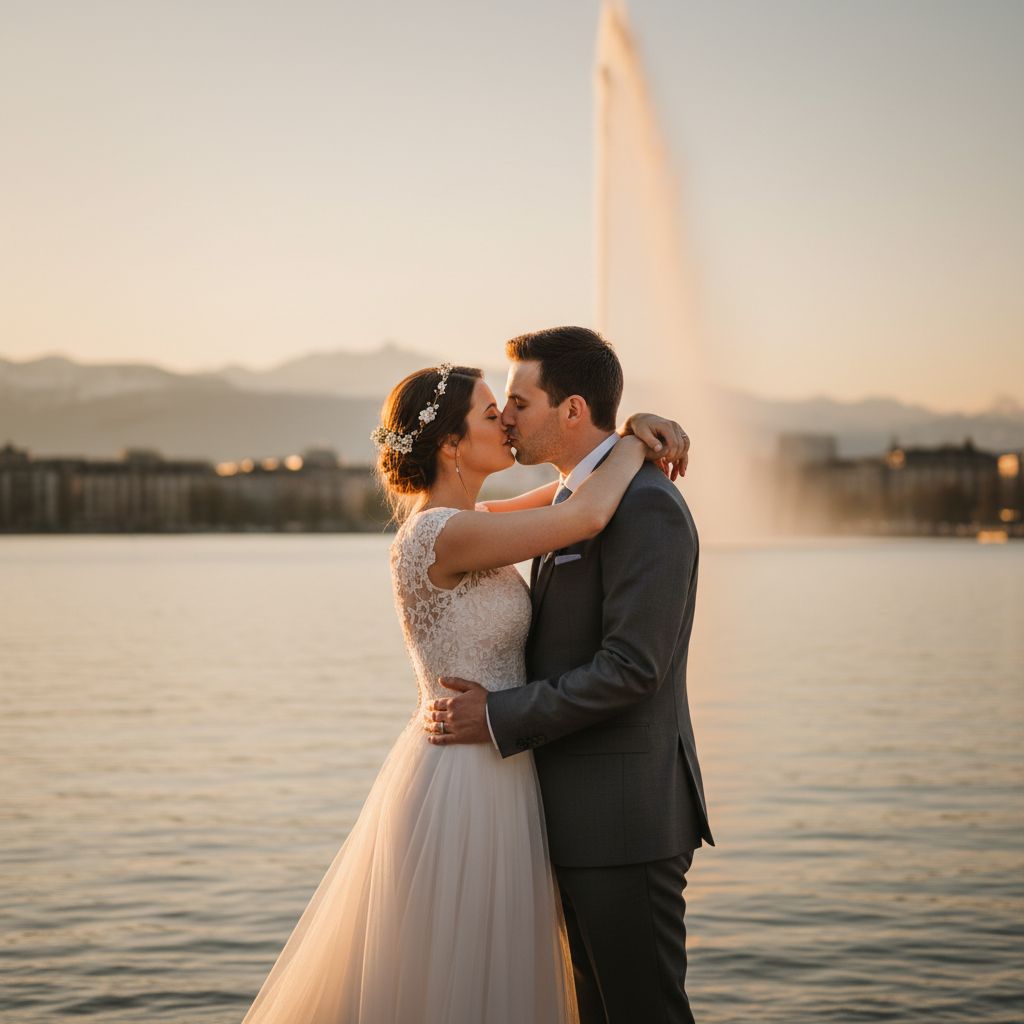Un couple de jeunes mariés s'embrassant tendrement au bord du lac Léman à Genève, avec le Jet d'Eau en arrière-plan sous une lumière douce et dorée.