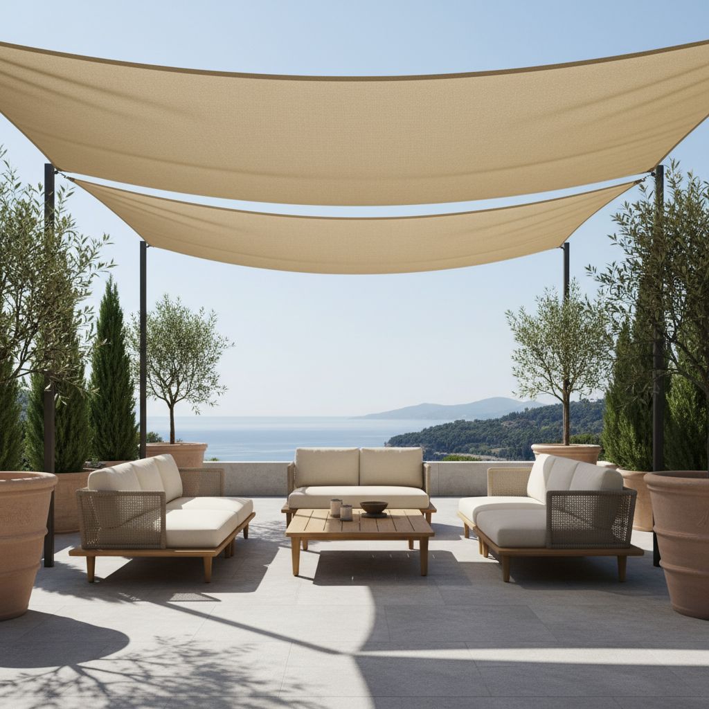 Une magnifique terrasse ensoleillée avec un store banne beige perfectly déployé, créant une zone d'ombre accueillante au-dessus d'un salon de jardin moderne.