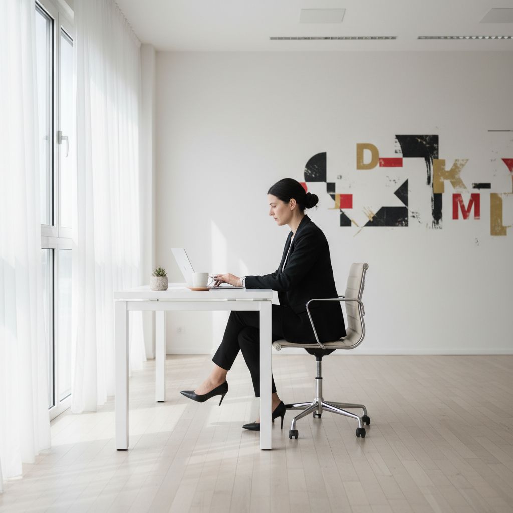 Un professionnel concentré travaillant sur son ordinateur portable dans un bureau moderne et lumineux. En arrière-plan, on peut subtilement apercevoir des éléments graphiques évoquant la langue allemande, comme les couleurs du drapeau.