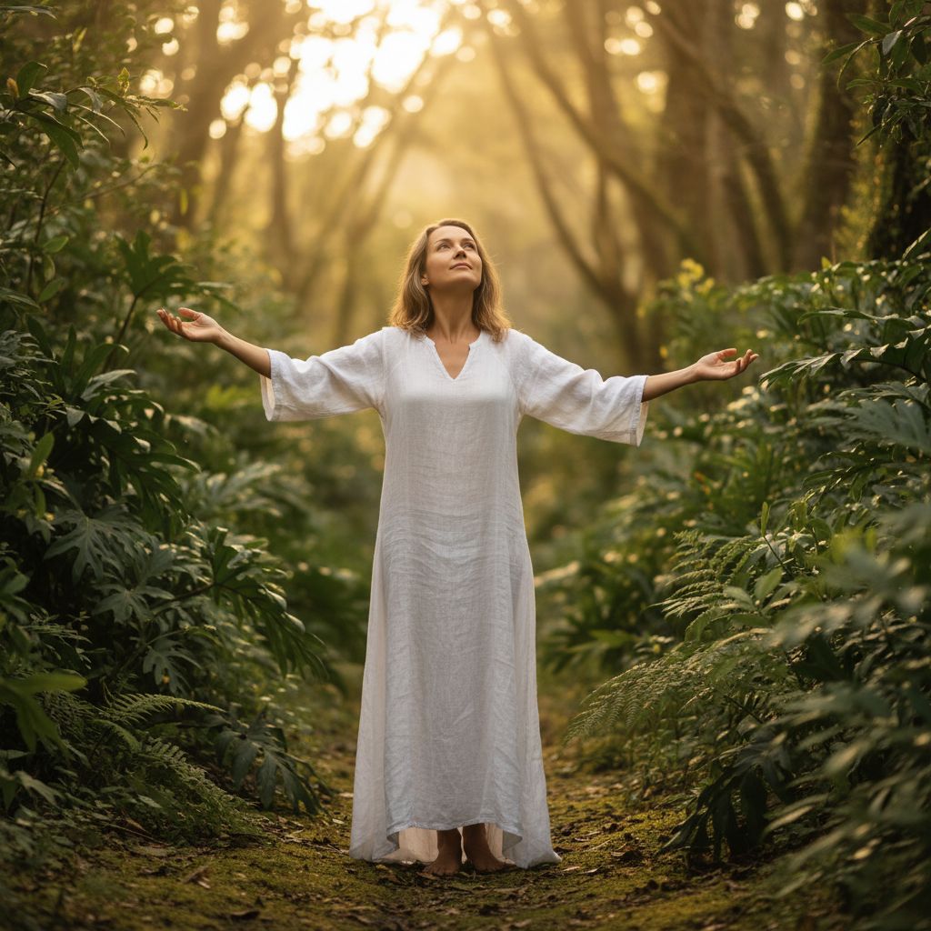 Une femme apaisée, en pleine nature, les mains ouvertes comme pour recevoir de l'énergie. L'image parfaite du bien-être et du retour à soi.