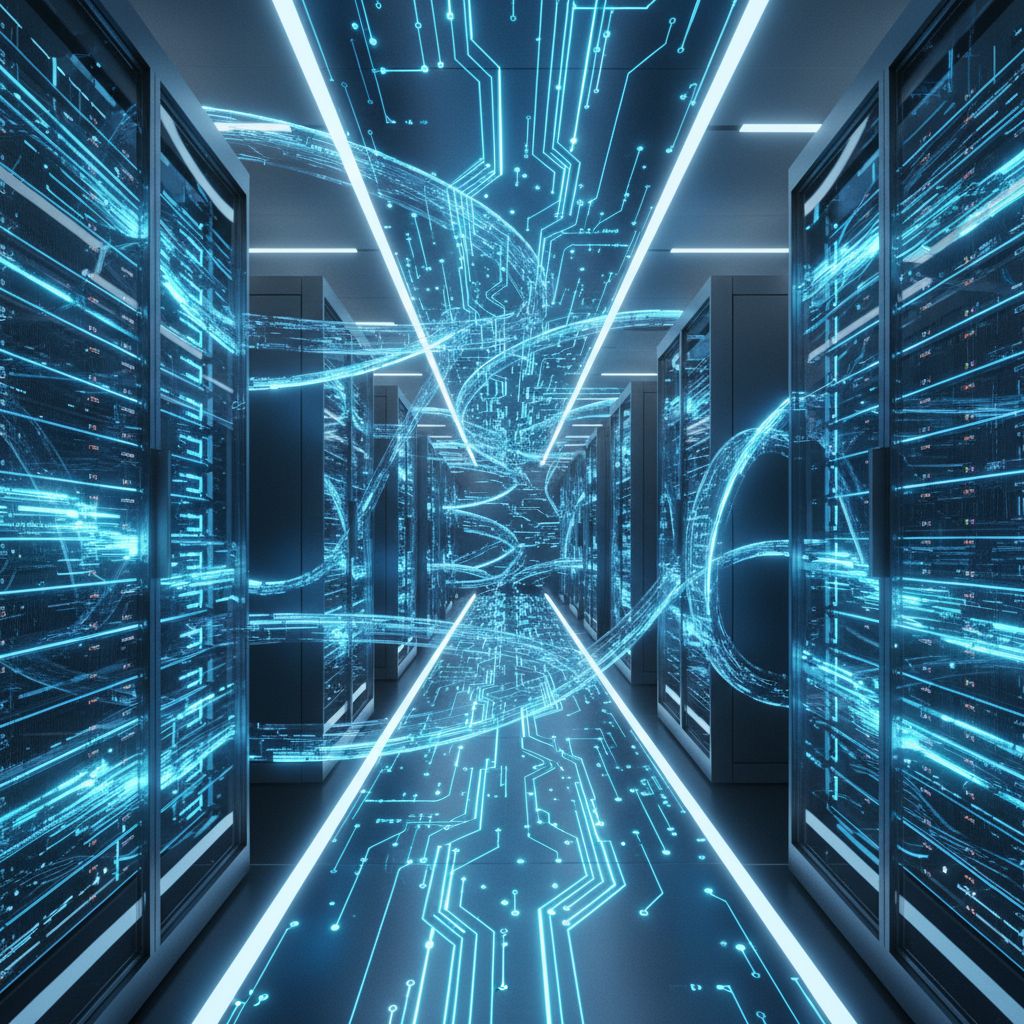 Une représentation abstraite et futuriste de données se déplaçant à grande vitesse, symbolisant la rapidité d'un site web et les flux d'informations numériques.