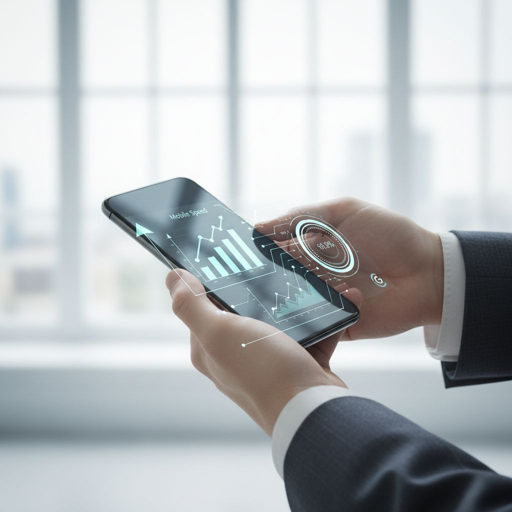 Une personne utilisant un smartphone, avec une superposition de graphiques de performance et de signaux SEO, illustrating la connexion entre la vitesse mobile et le classement Google.