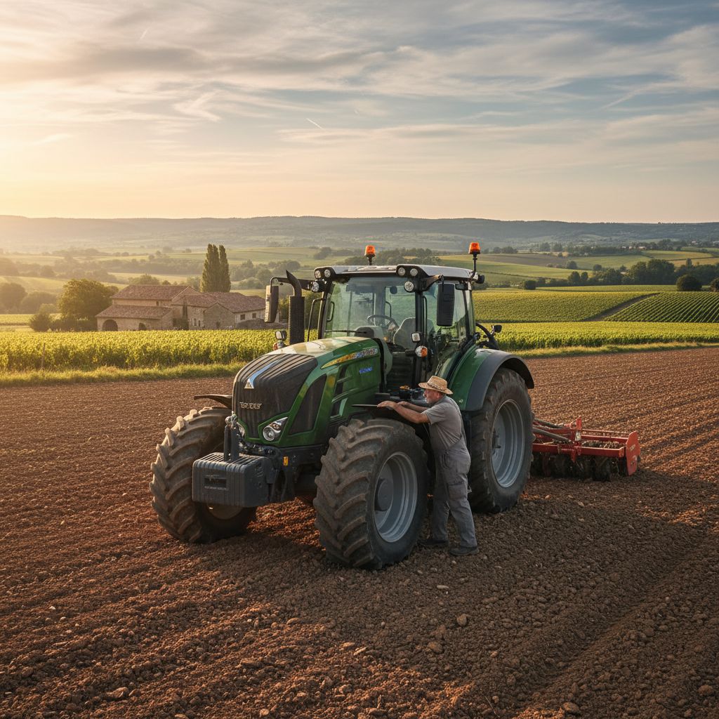 Un agriculteur dans le Tarn inspectant un tracteur dans son champ au lever du soleil.