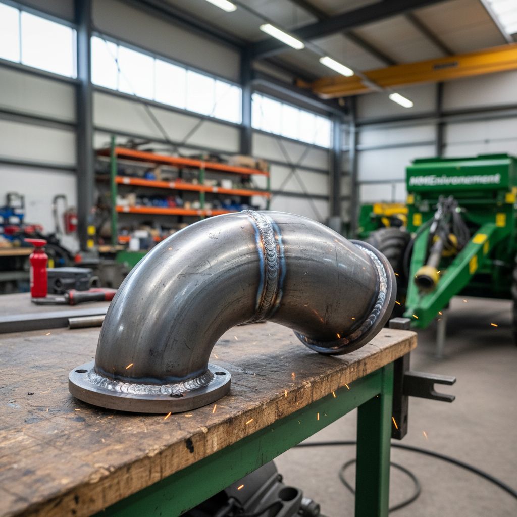 Gros plan sur une pièce de machinerie agricole sur mesure, fraîchement soudée dans l