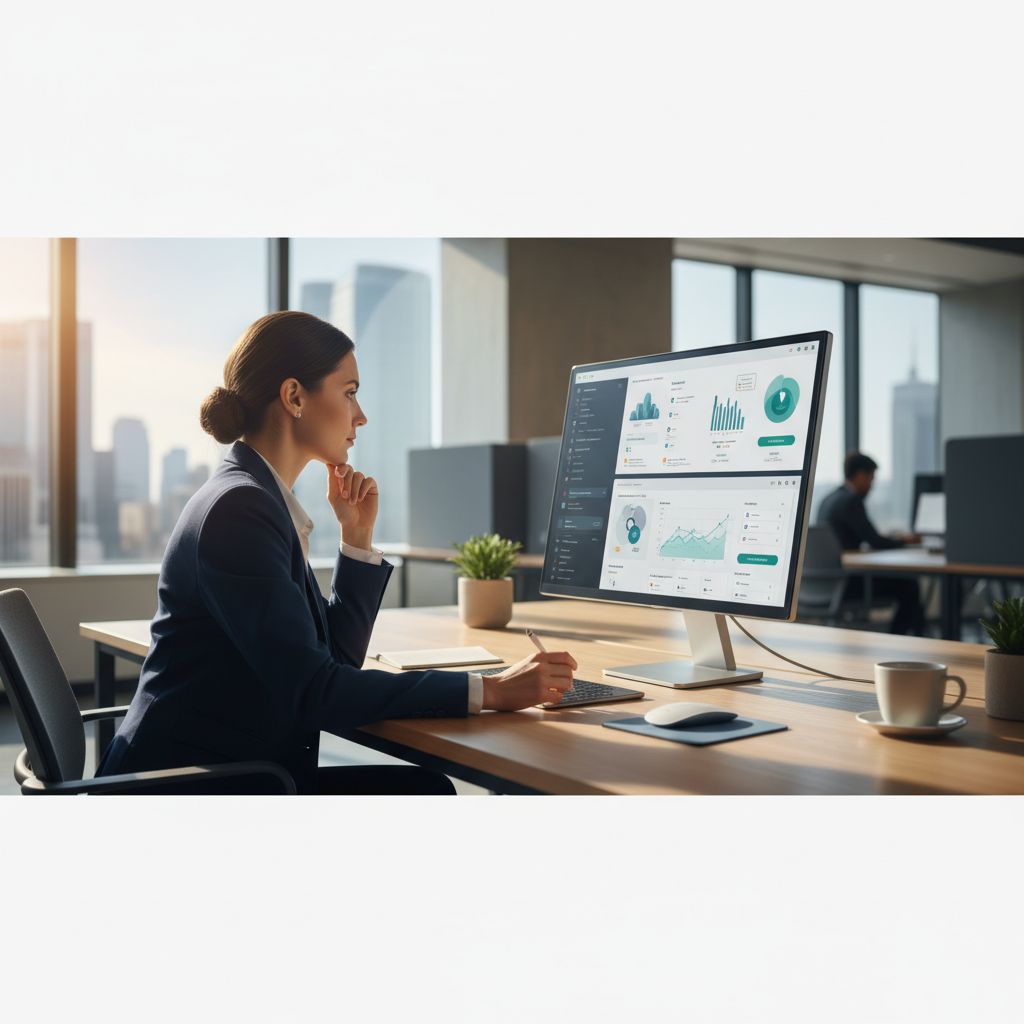 A professional at a desk is thoughtfully comparing different software options on a computer screen, representing the process of choosing an AI platform.