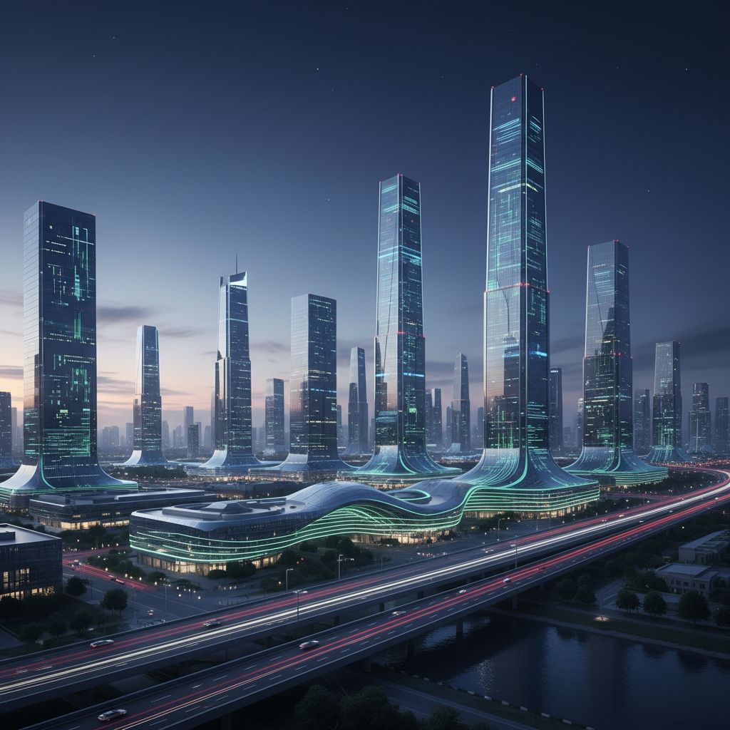 A futuristic image blending glowing lines of code with artistic, fluid shapes to symbolize AI meeting creative web design.