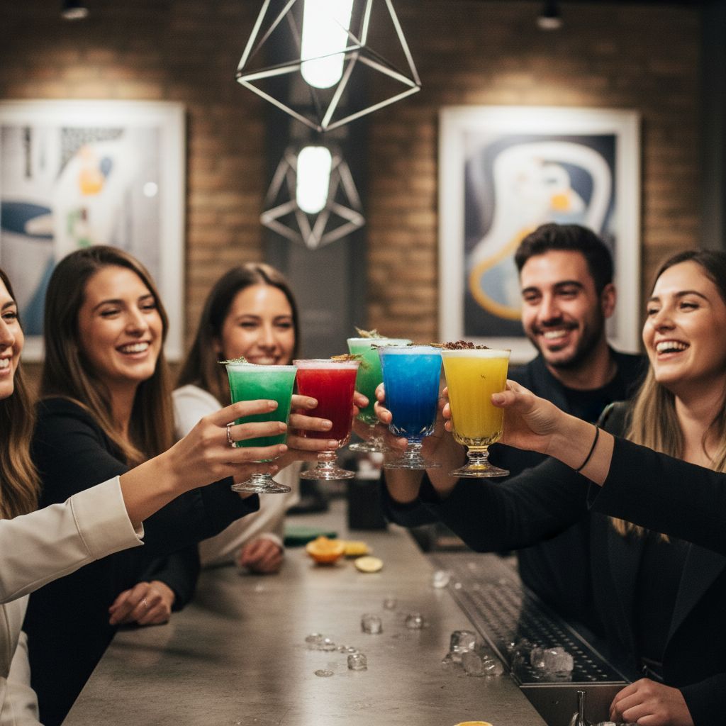 Des jeunes qui trinquent avec des cocktails colorés à base de liqueur de maté dans un bar sympa et moderne, tout le monde a le sourire.