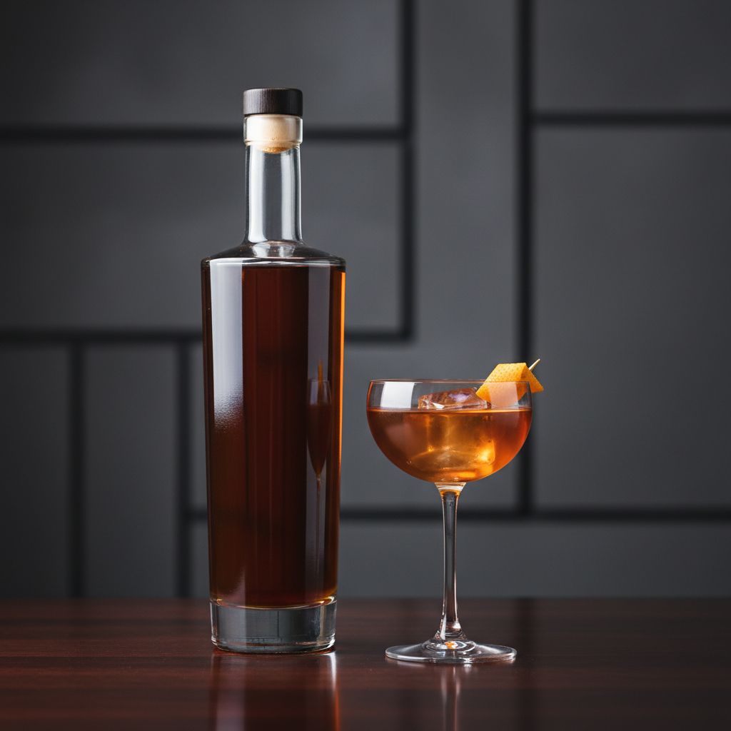 Une bouteille élégante de liqueur de maté Grano Maté posée à côté d'un verre à cocktail rempli d'une boisson ambrée, sur un fond sombre et stylé.