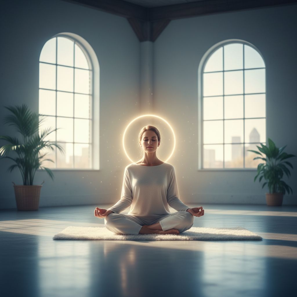 Une image conceptuelle douce et lumineuse montrant des silhouettes de corps, esprit et émotions interconnectées par des lignes d'énergie dorées, symbolisant l'harmonie et l'équilibre de l'approche intégrative.