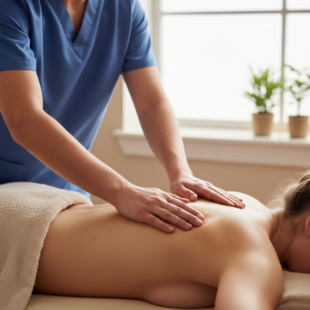 Les mains d'un thérapeute travaillant délicatement sur le dos d'un patient dans une ambiance chaleureuse et professionnelle, évoquant la confiance et le soin.