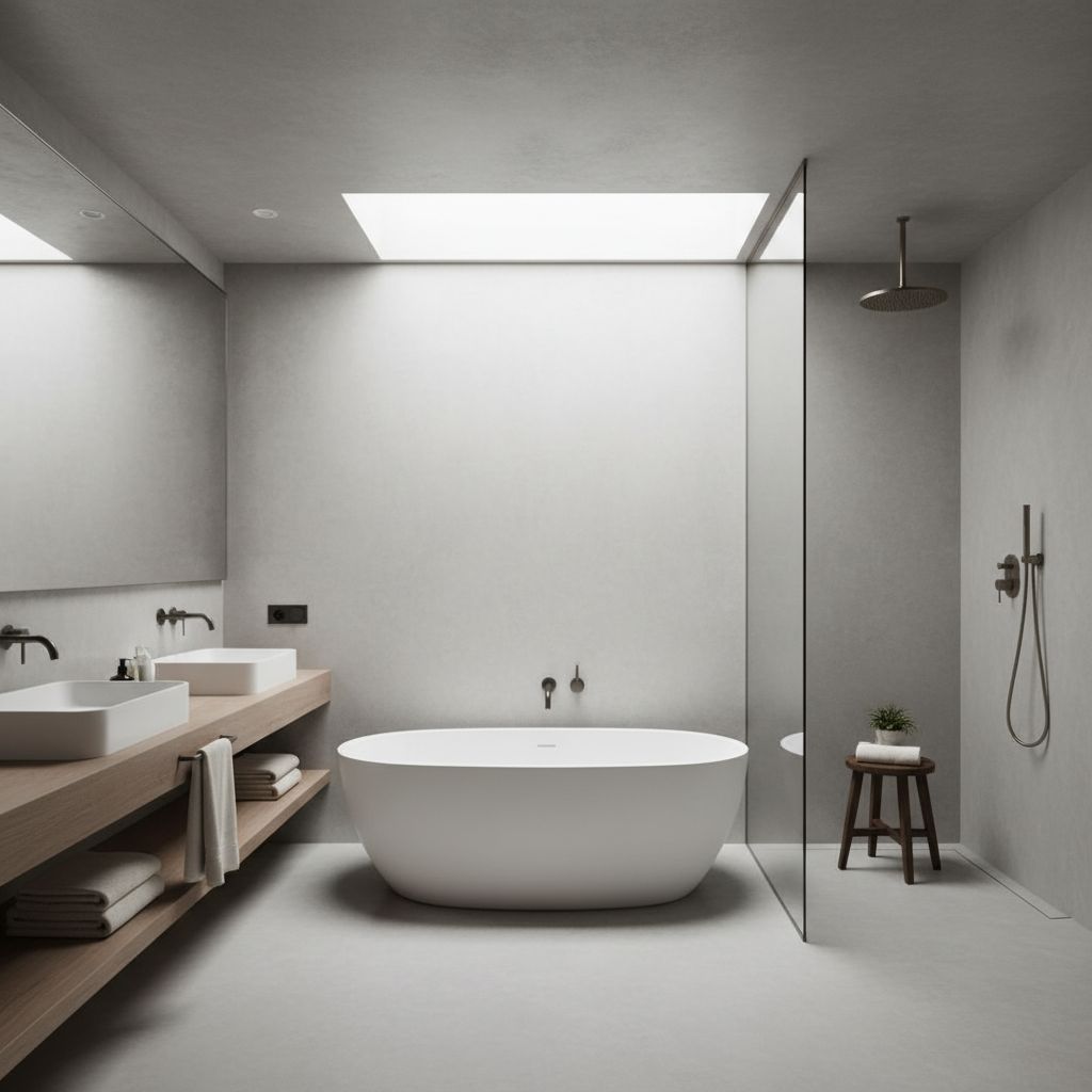 Vue d'ensemble d'une salle de bain moderne et luxueuse avec des murs et un sol en béton ciré gris clair. La pièce est baignée de lumière naturelle, mettant en valeur la texture subtile du matériau.