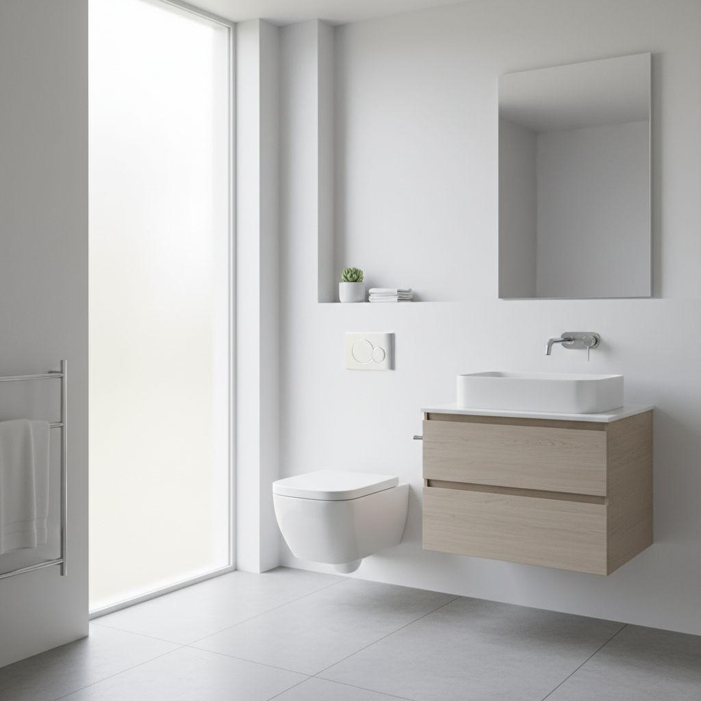 Une salle de bain moderne et épurée avec une toilette suspendue design, symbolisant une installation sanitaire sans problème.