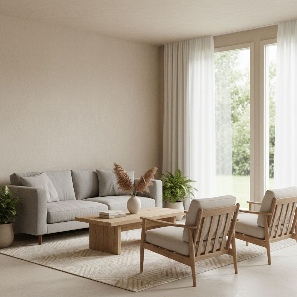 A bright and minimalist living room in Japandi style, clean and ready for Airbnb guests, with a stylish sofa and natural light.