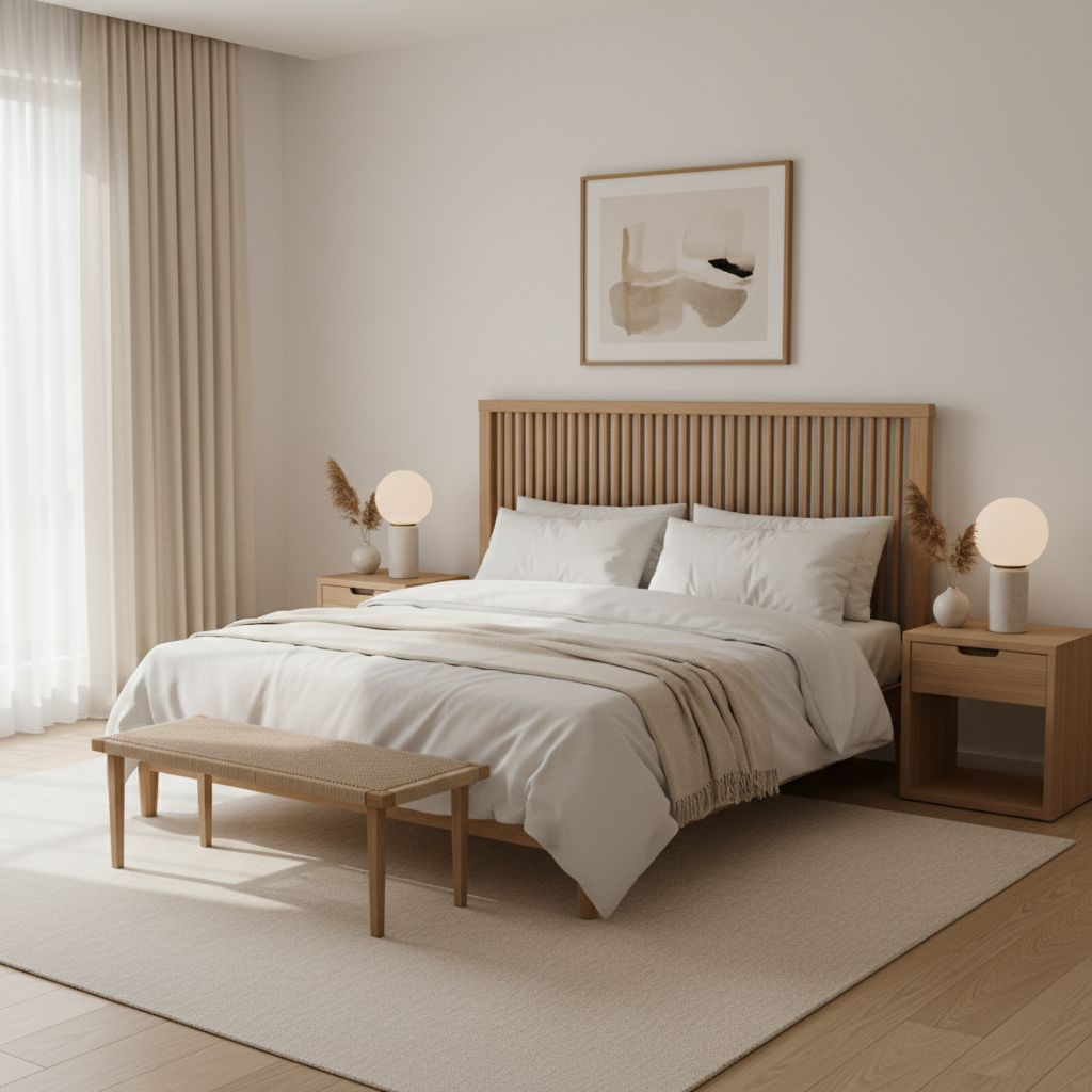 An elegant and serene bedroom decorated in Japandi style, featuring a comfortable bed and natural wood elements, showcasing a premium rental experience.
