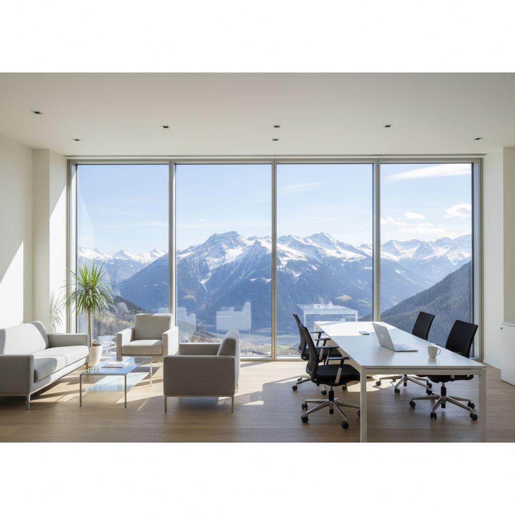 Un bureau moderne, épuré, avec les montagnes suisses en toile de fond. L'image évoque la clarté et l'expertise au cœur de l'écosystème commercial suisse.