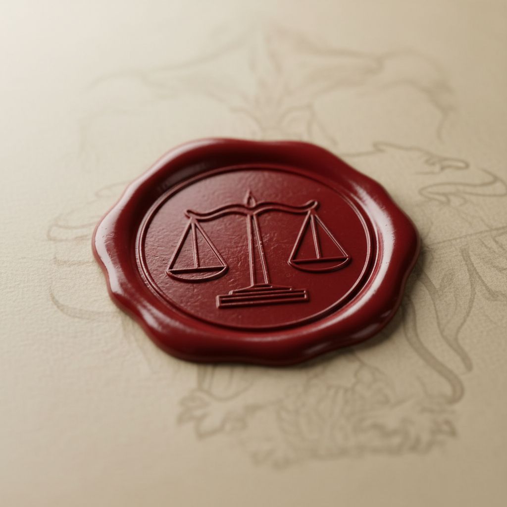 Un tampon de cire rouge avec une icône de balance de la justice, apposé sur un document officiel. Cela symbolise la conformité, la validation et la rigueur professionnelle.