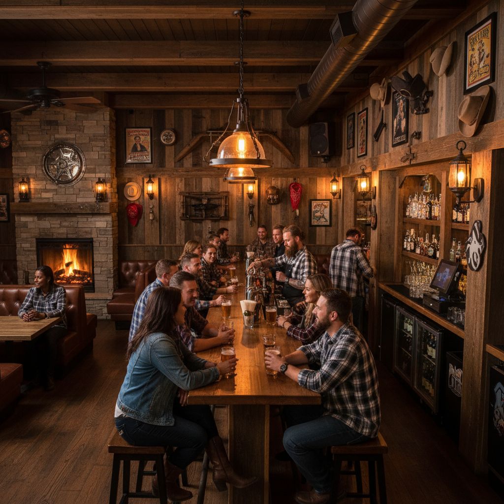 Intérieur animé et chaleureux du Bonanza Pub avec une décoration de style cowboy et biker, des clients discutant au bar et une lumière tamisée.