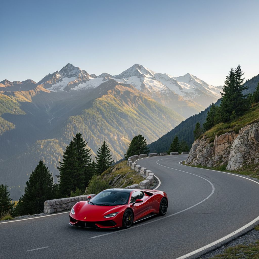 Une voiture de sport rouge roulant sur une route de montagne sinueuse avec les majestueuses Alpes en arrière-plan sous un ciel bleu clair.