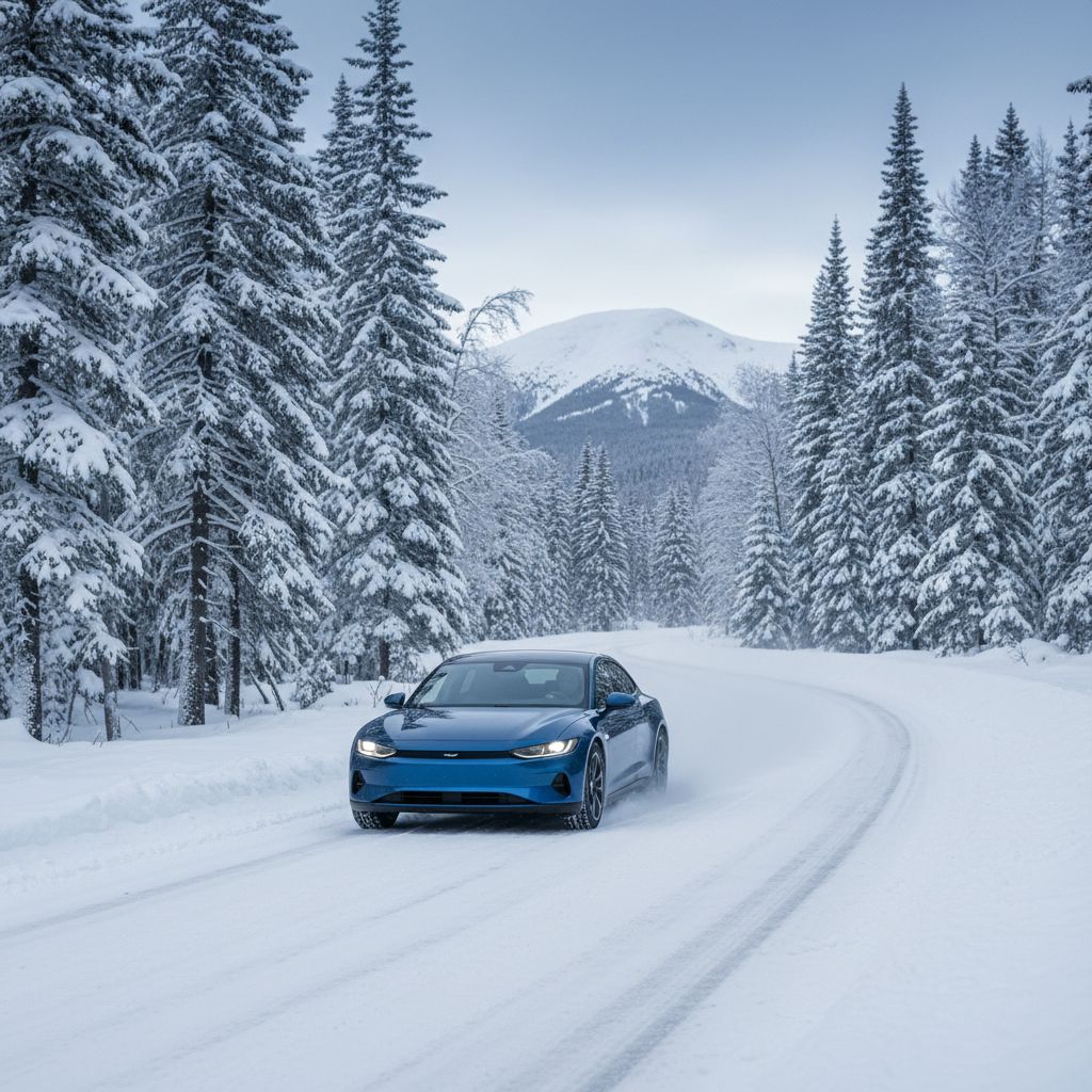 Une voiture moderne équipée de pneus hiver roule avec aisance sur une route de montagne enneigée, avec des arbres couverts de neige de chaque côté.