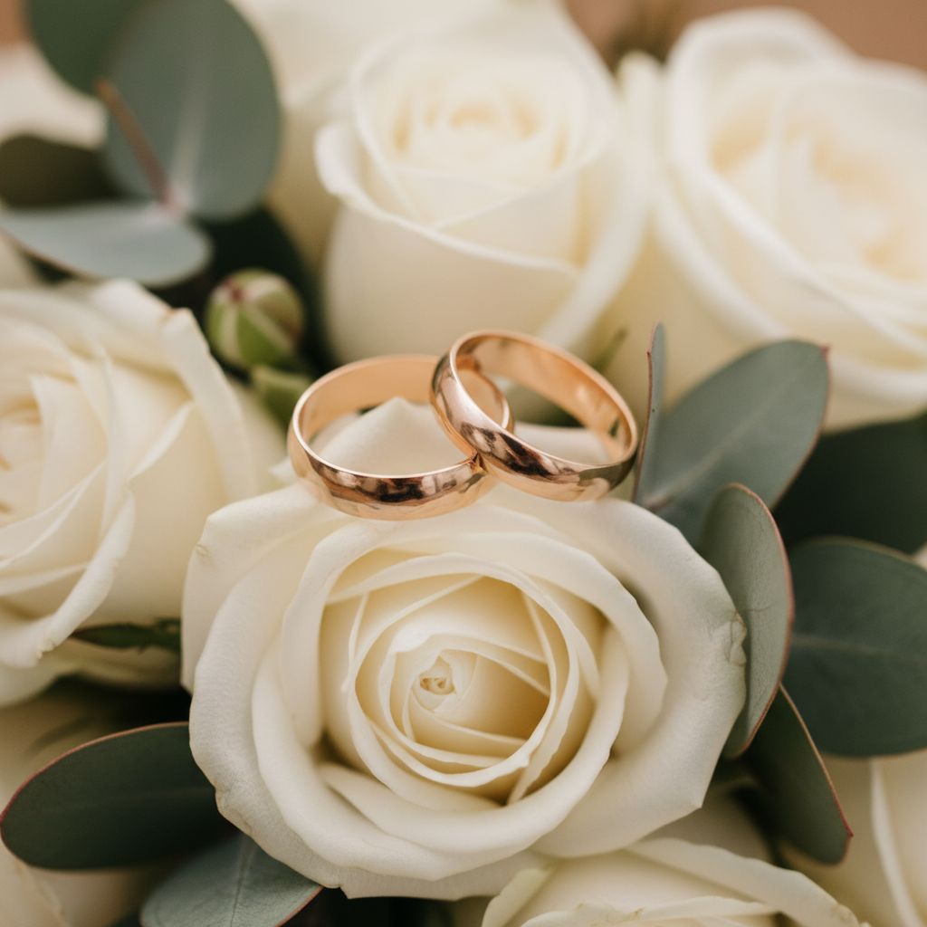 Détail de deux alliances posées sur un bouquet de fleurs de mariage, avec un éclairage doux et artistique.